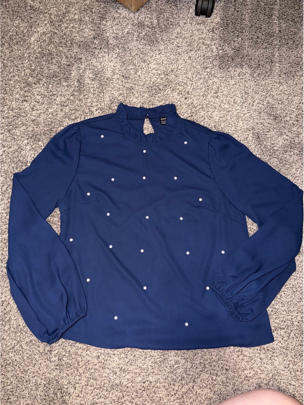 SHEIN Navy Blue Long Sleeve Pearl Embellished Blouse, Size Large 0009